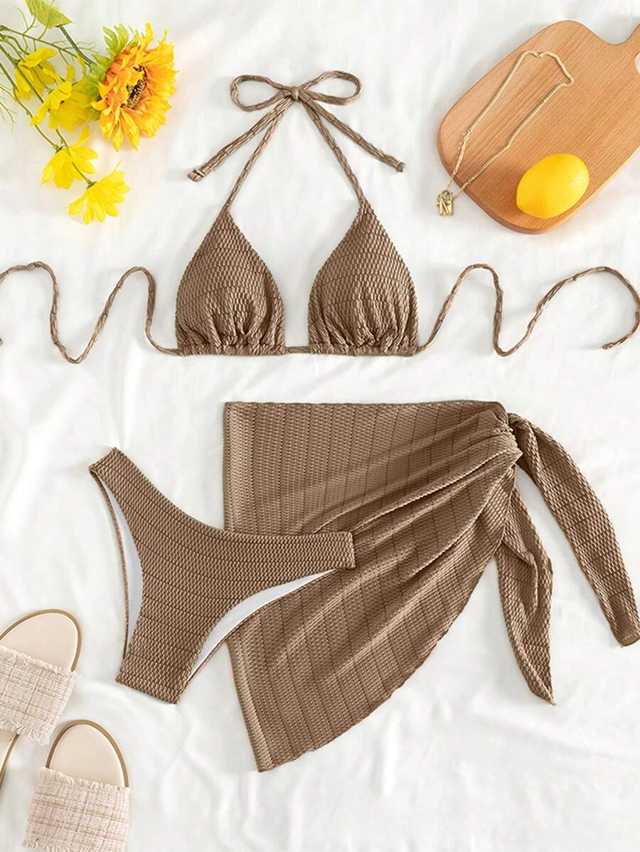 Ensemble de bikini et jupe avec Top à col ras-du-cou et dos nu